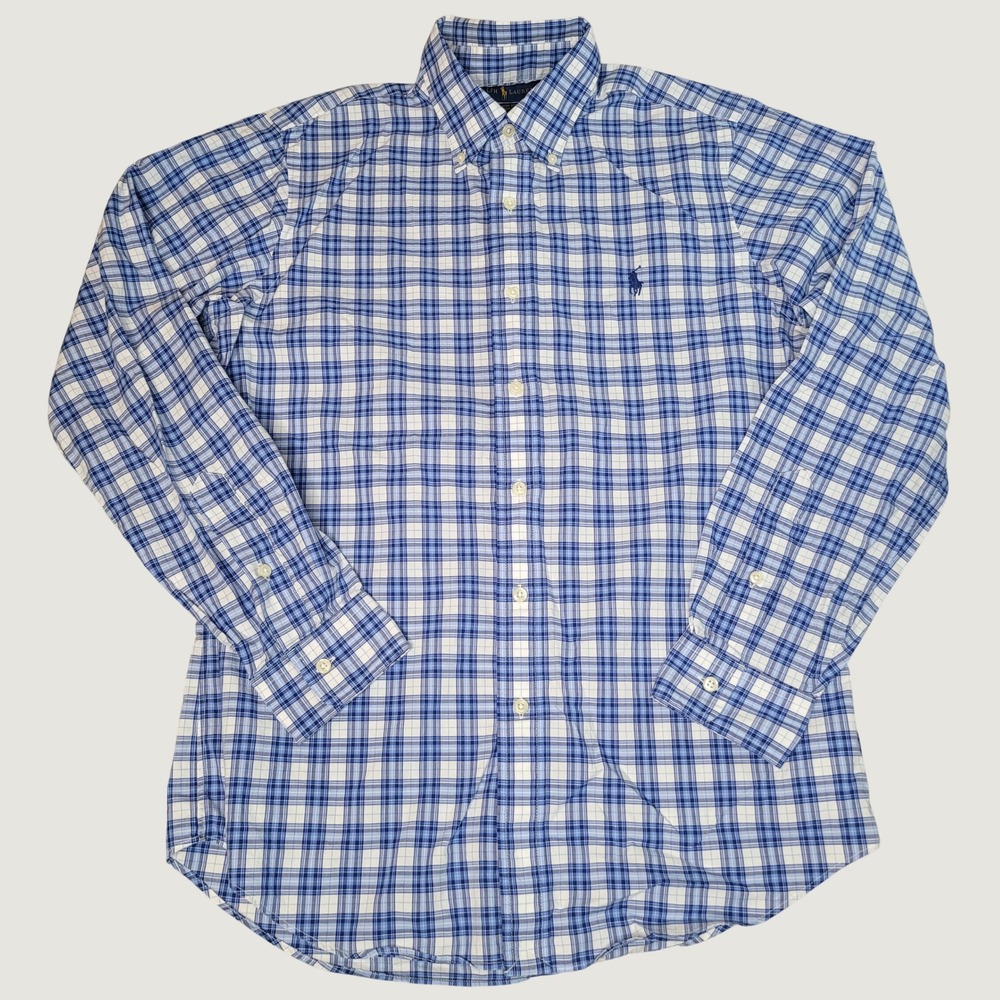 Polo Ralph Lauren Mens Small Blue White Plaid Classic Fit Cotton Stretch Shirt